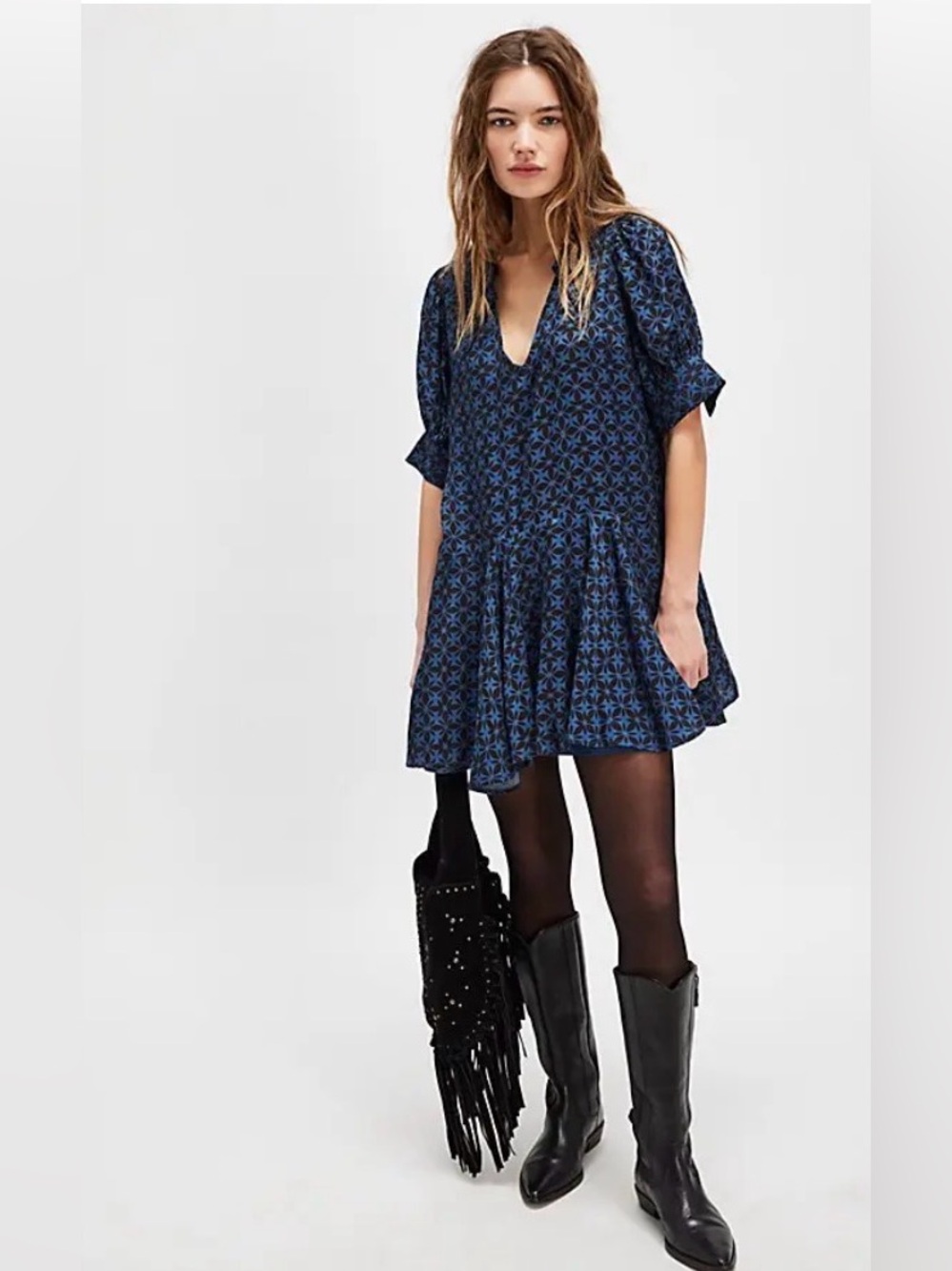 Free People Navy Blue Geometric Flared Flowy Relaxed Fit Mini Dress Pockets XS